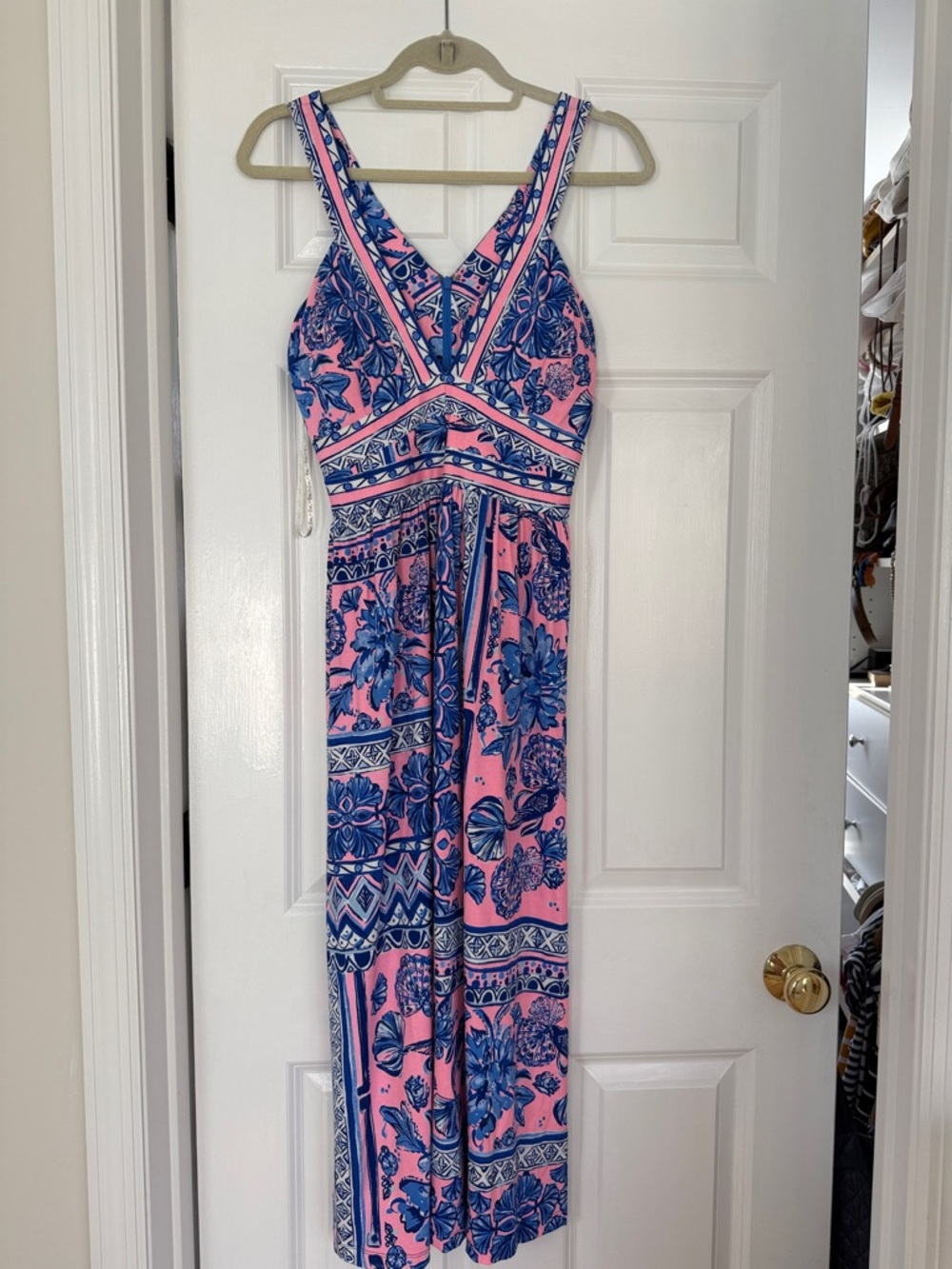 Lilly Pulitzer Sleeveless Pink & Blue Floral Maxi Dress, size medium
